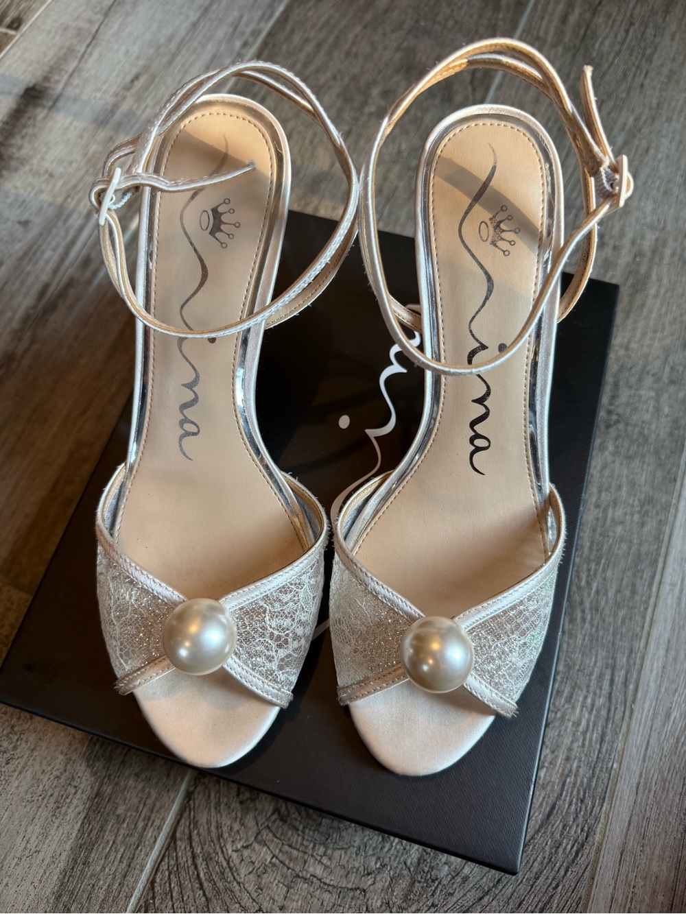 Nina Vyra Ivory Ankle Strap High Heel Pearl Accent Sandal
